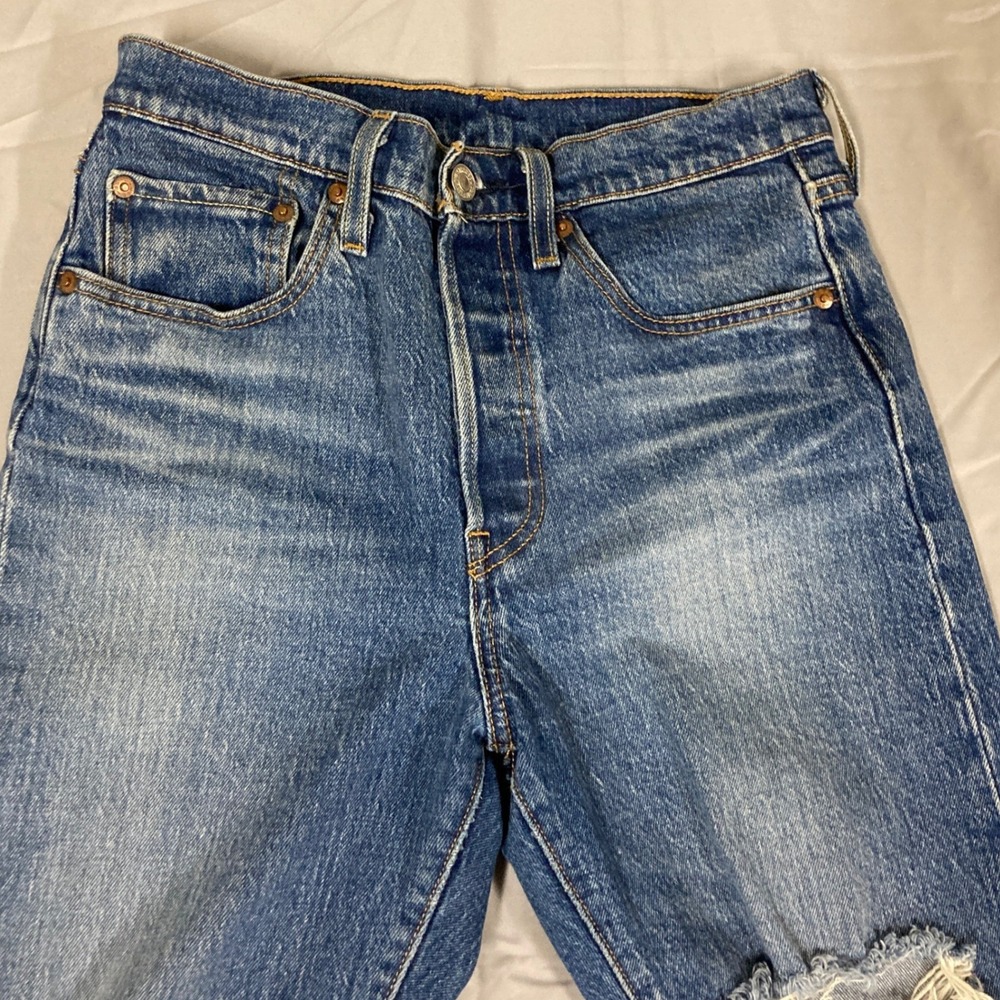 Levi Strauss 501 Skinny Jeans Women Blue Distressed Raw Measurements in photos. - Picture 3 of 16